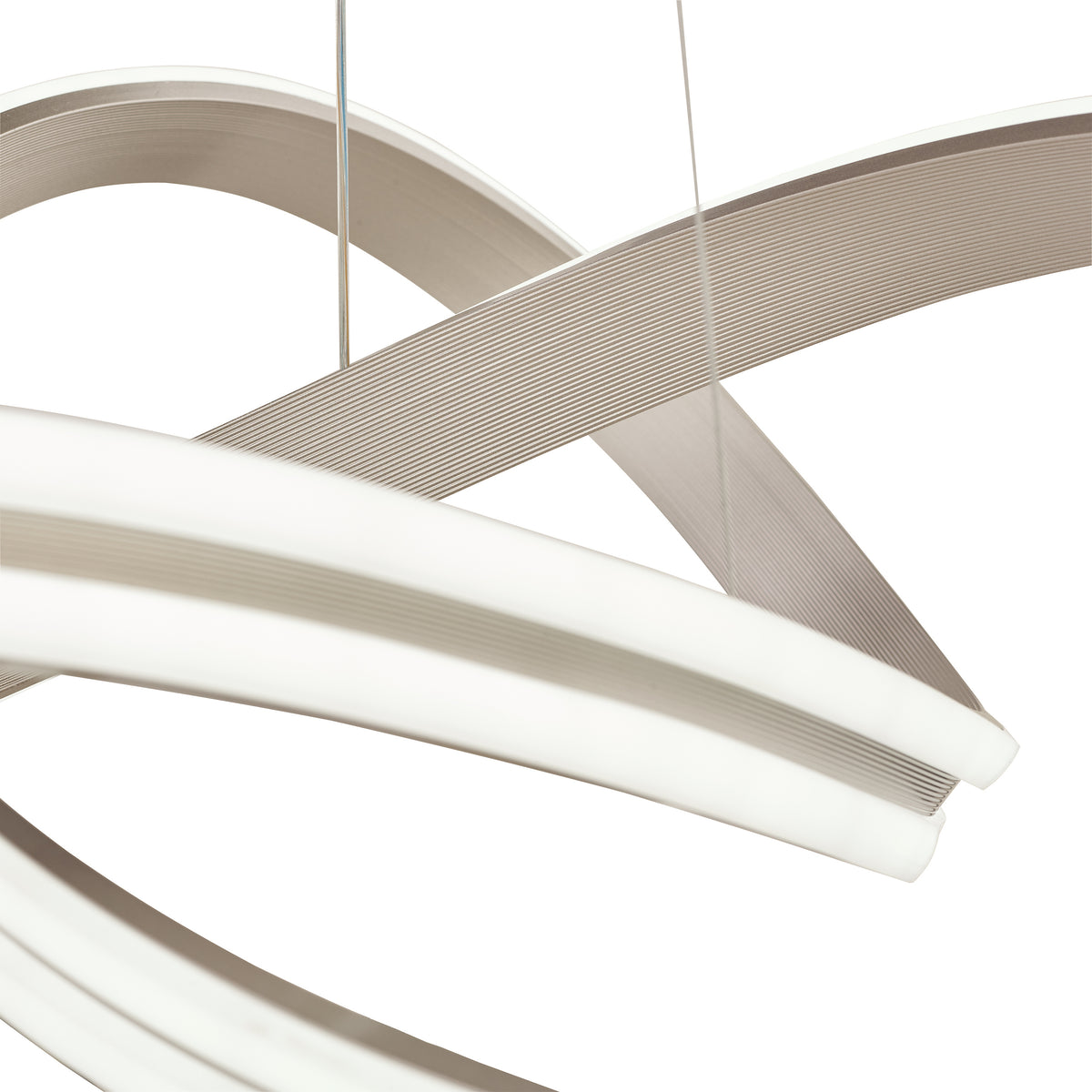 Close up of a modern white LED chandelier with curved, intersecting bands