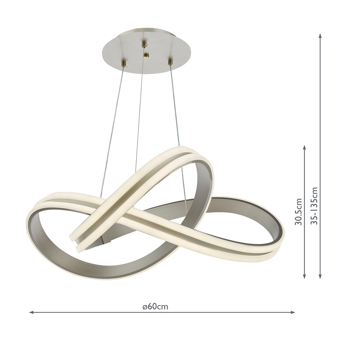 Brushed steel LED pendant light with a twisted infinity loop design and dimensions