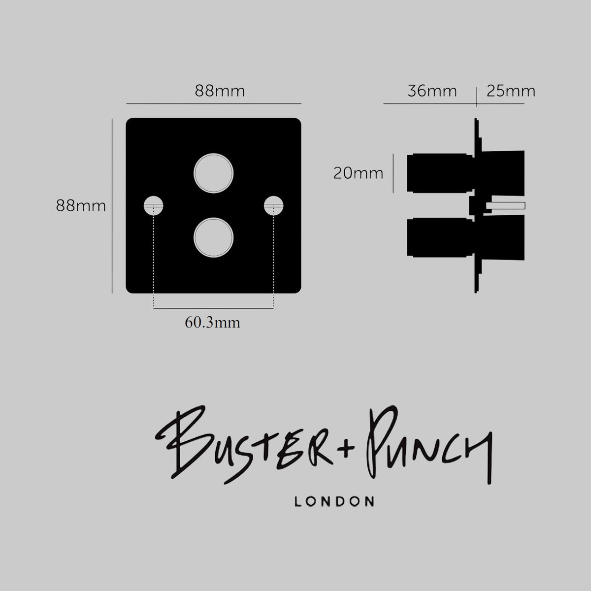 Technical drawing of a 2G switch, showing front and side views with dimensions