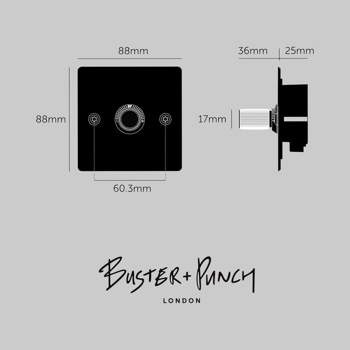 Buster + Punch 1G dimmer switch technical drawing with measurements