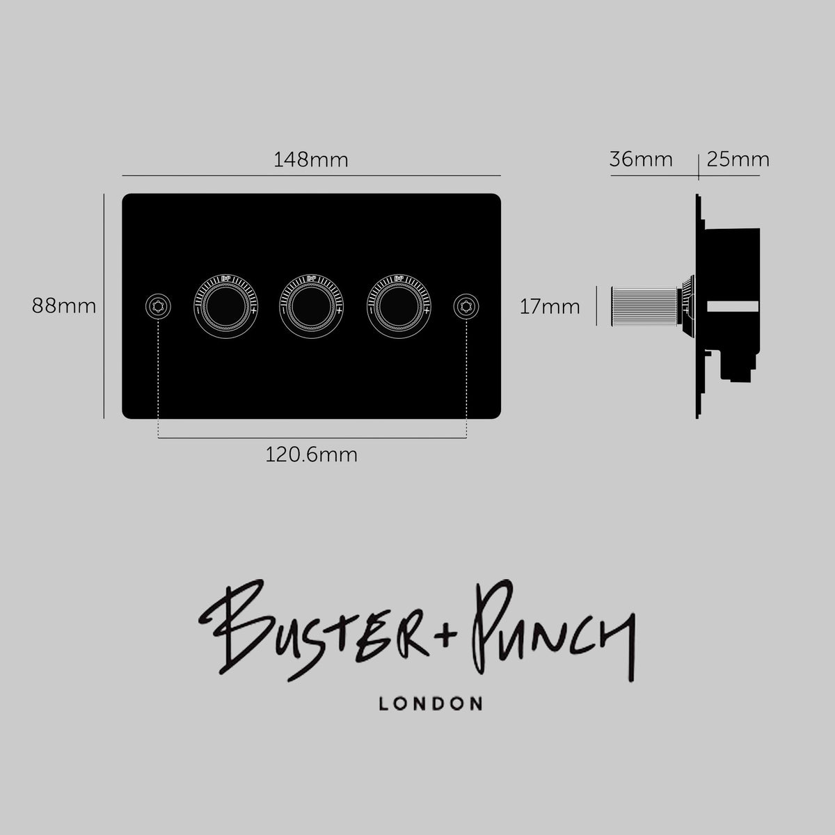 Buster + Punch 3G Dimmer Switch technical drawing with measurements