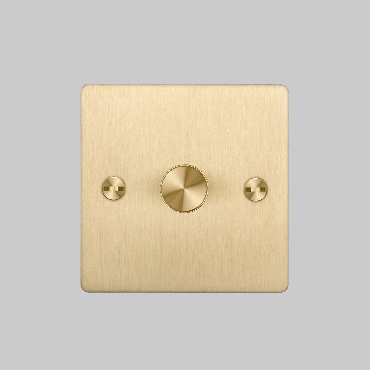 Brushed brass dimmer switch with a single rotary knob and two visible screw heads