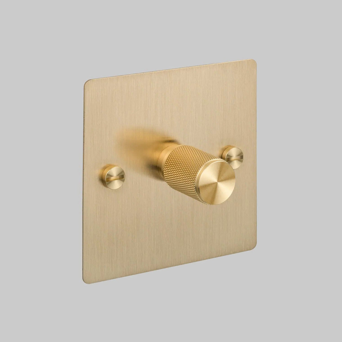 Brushed brass dimmer switch with a knurled knob and two small screws on a light grey background
