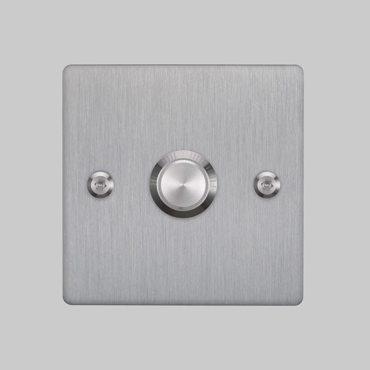 Brushed chrome dimmer switch with a single rotary knob and two visible screws