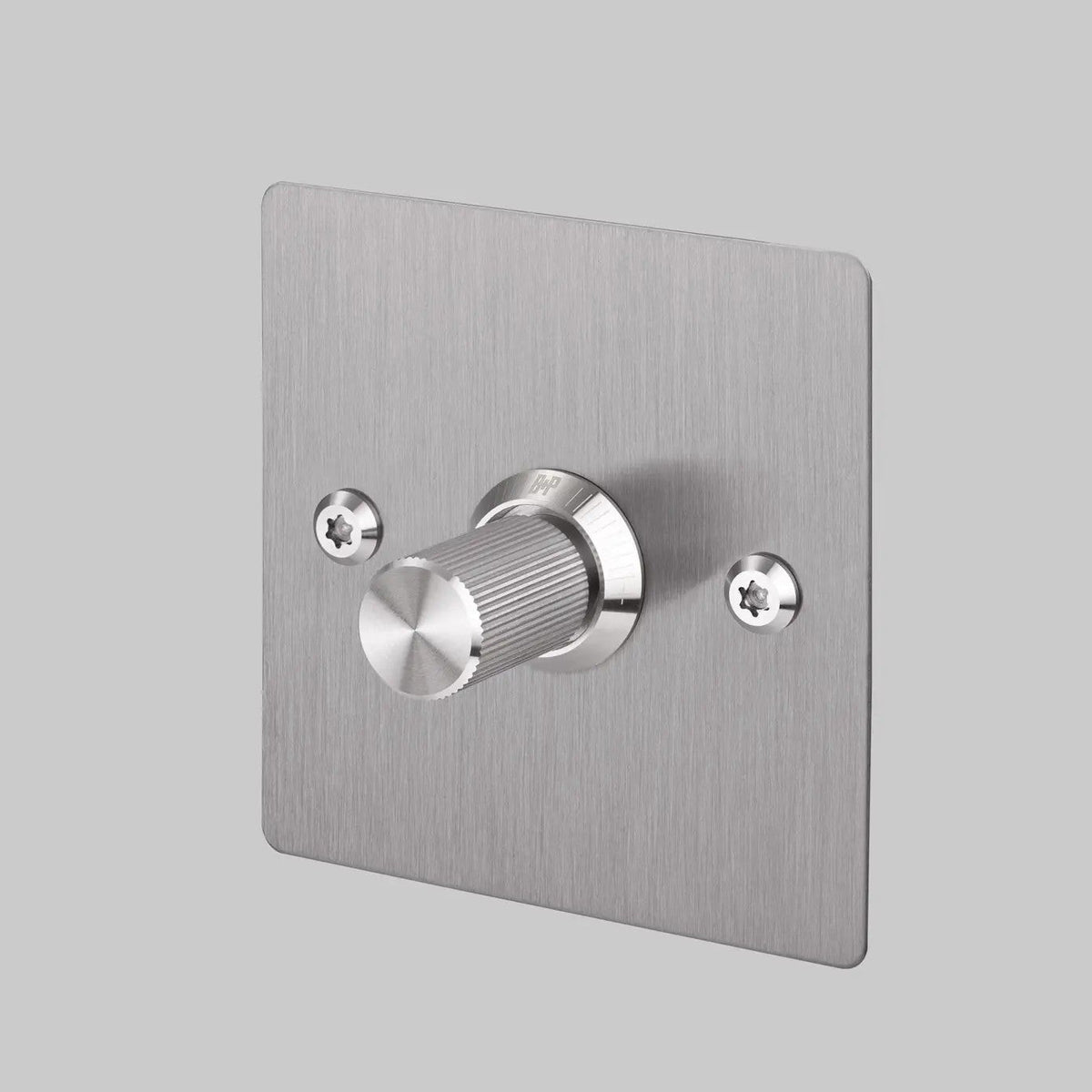 Brushed stainless steel dimmer switch with a single ridged knob and two visible screws