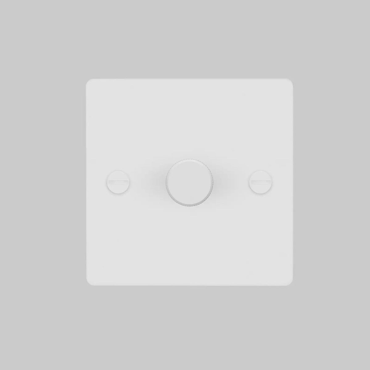 White single dimmer switch with a central rotary knob and two visible screw covers