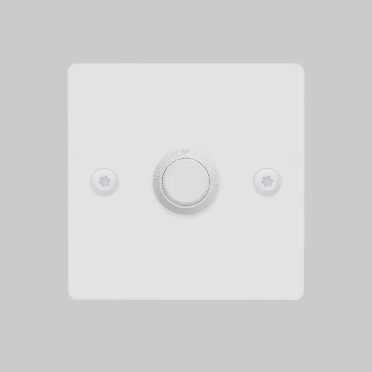 White dimmer switch with a circular knob and two visible screws