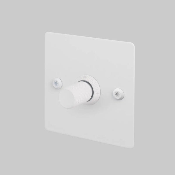 White dimmer switch with a single rotary knob and two visible screws