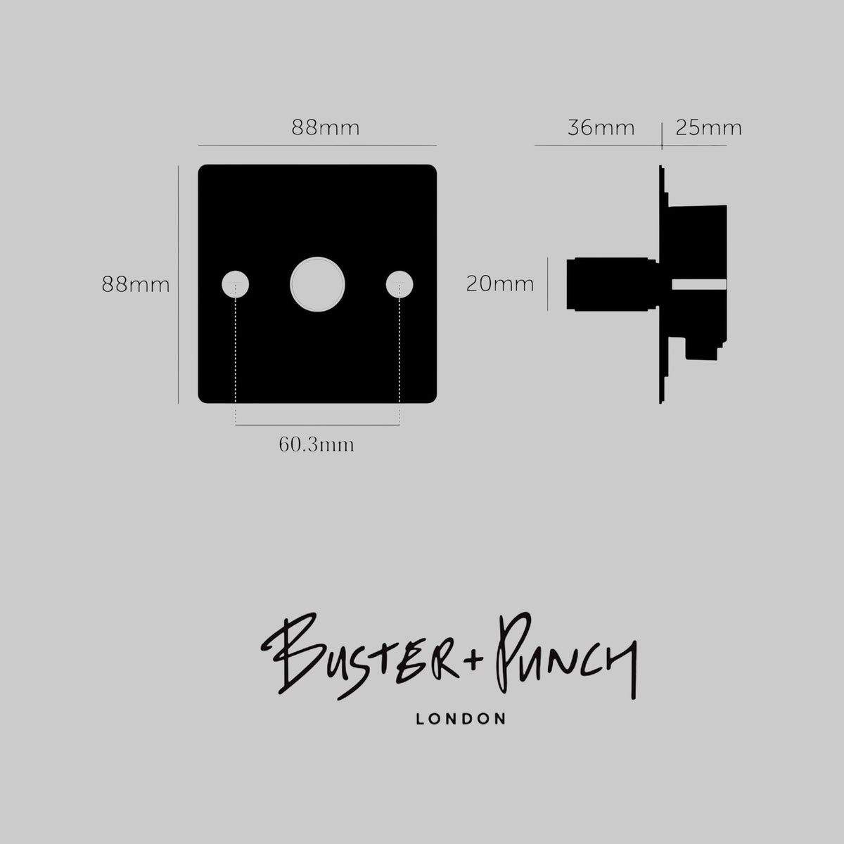 Technical drawing of a square dimmer switch with dimensions 88mm by 88mm, and a side profile of 20mm