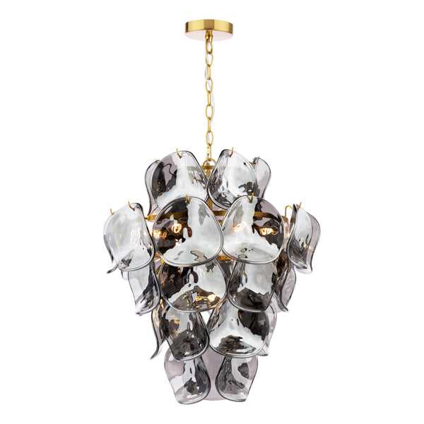 Chandelier with gold chain and ceiling mount, featuring multiple tiers of grey glass petal-shaped shades