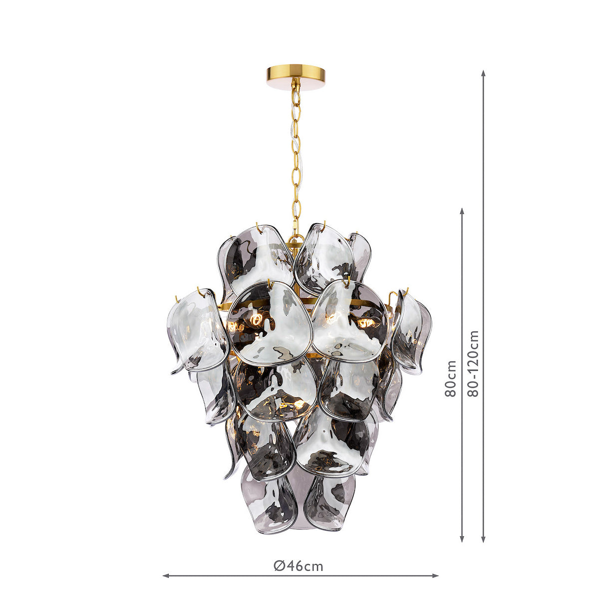 Gold chandelier with grey glass petals and exposed bulbs, with dimensions 80-120cm height and 46cm width