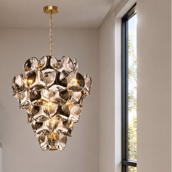Genoa Twelve Light Chandelier in Natural Brass with Smoked Glass Panels