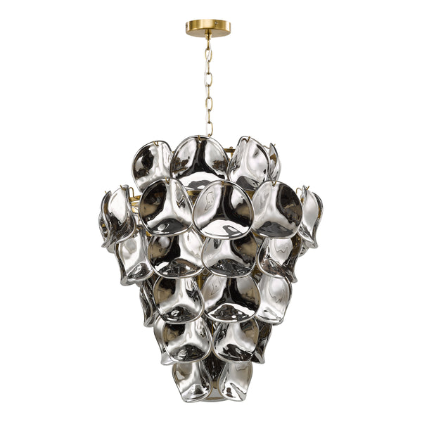 Genoa Twelve Light Chandelier in Natural Brass with Smoked Glass Panels
