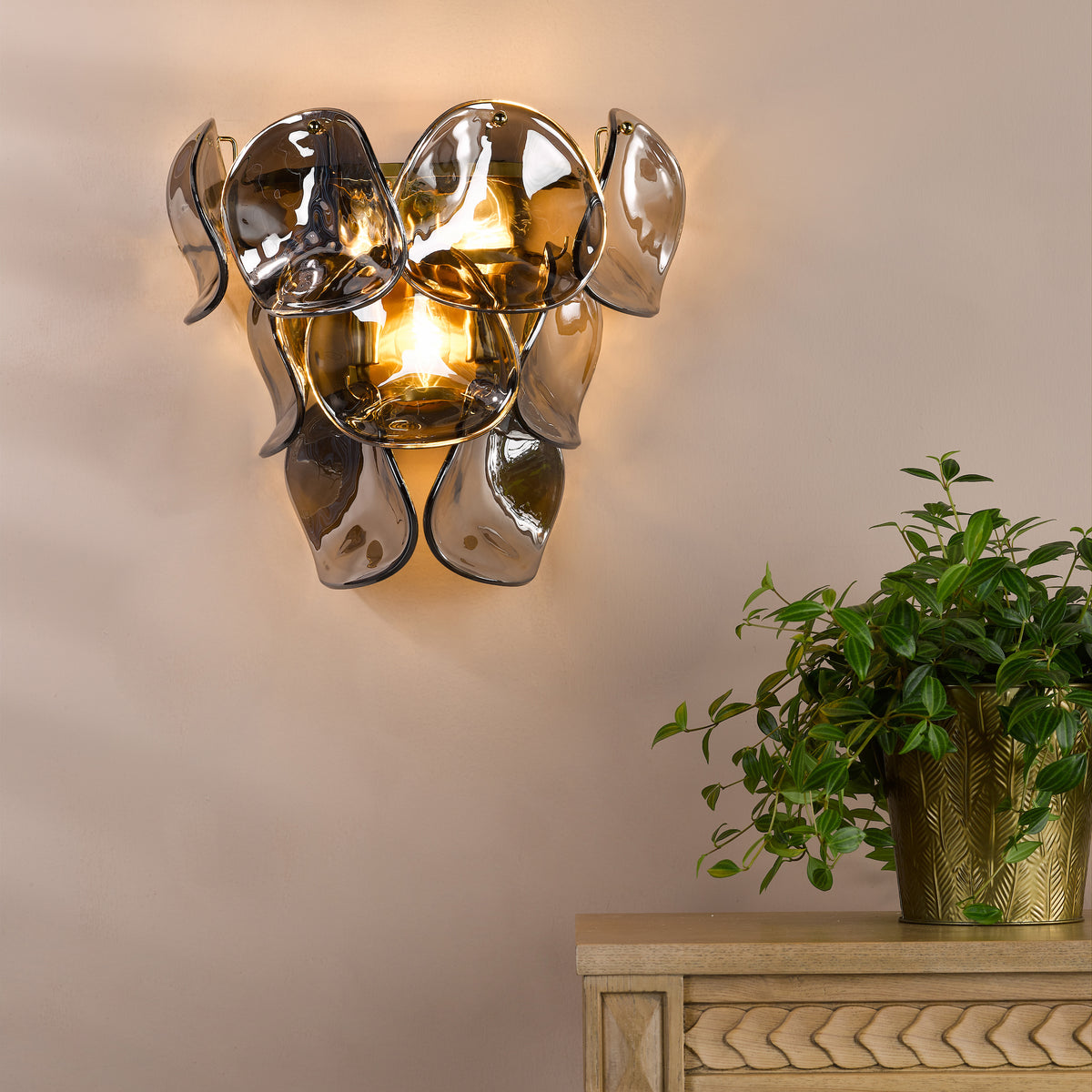 Genoa Wall Light in Natural Brass with Smoked Glass Panels