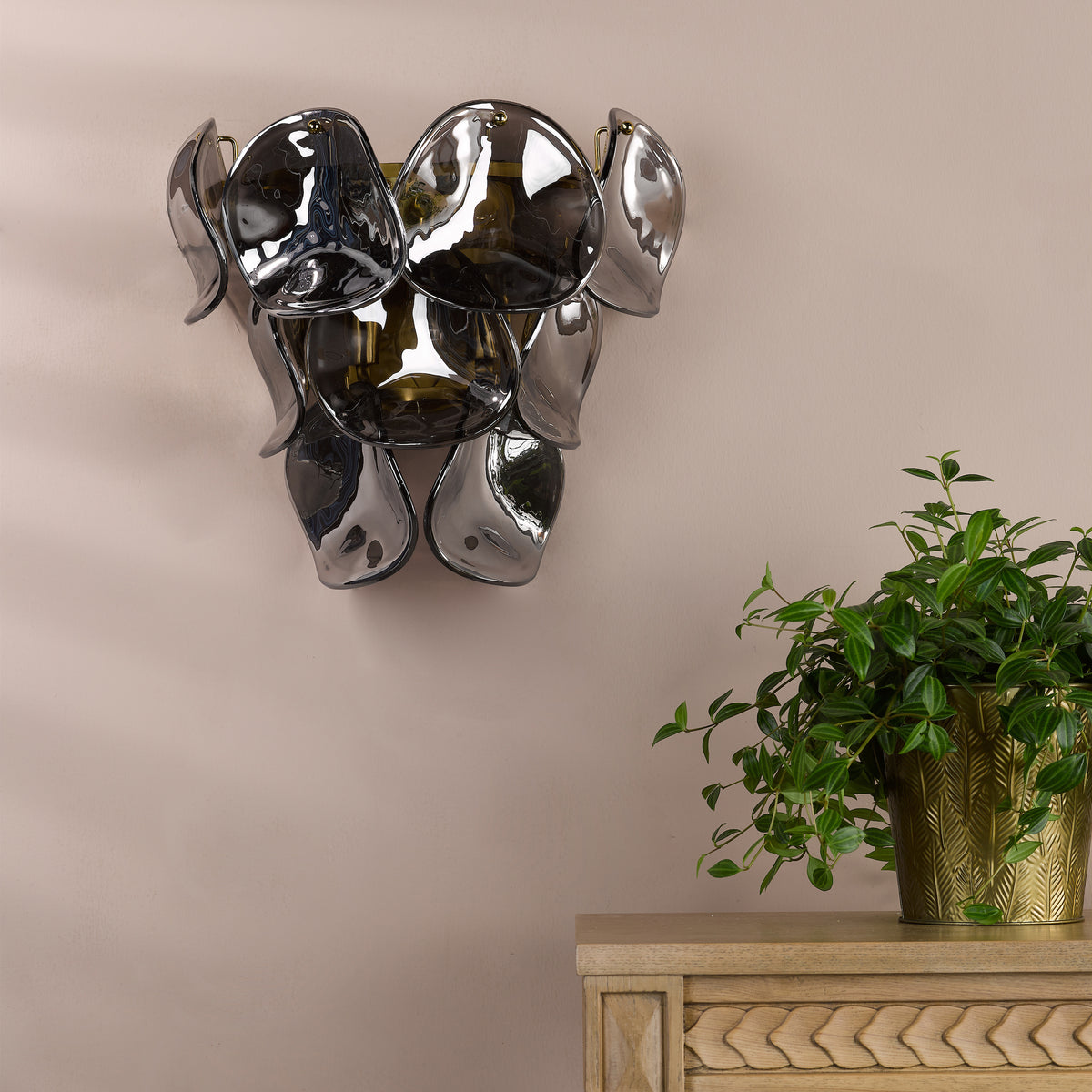 Genoa Wall Light in Natural Brass with Smoked Glass Panels