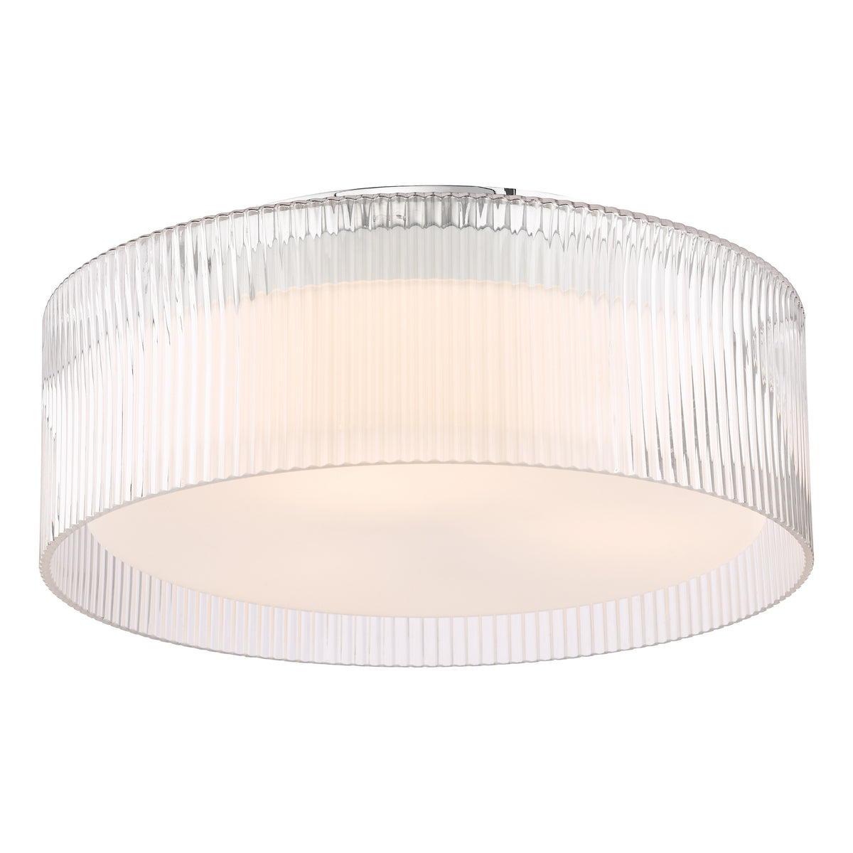 Geryon IP44 Flush Ceiling Light In Polished Chrome with Ribbed Glass Shade