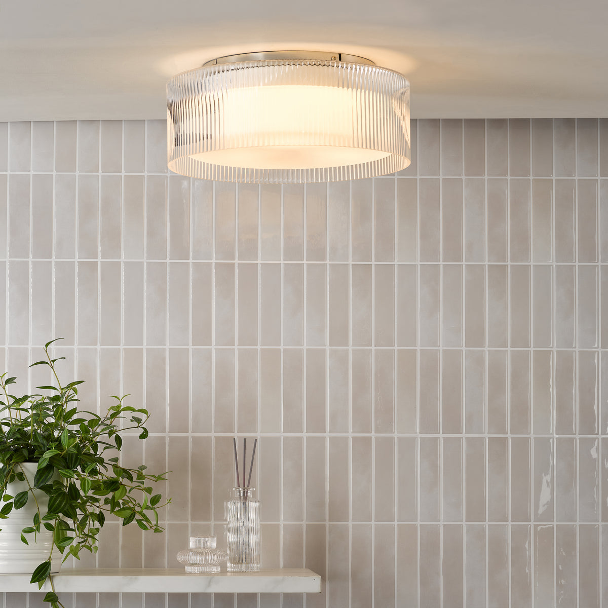 Geryon IP44 Flush Ceiling Light In Polished Chrome with Ribbed Glass Shade