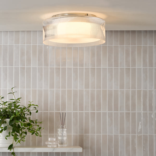 Geryon IP44 Flush Ceiling Light In Polished Chrome with Ribbed Glass Shade