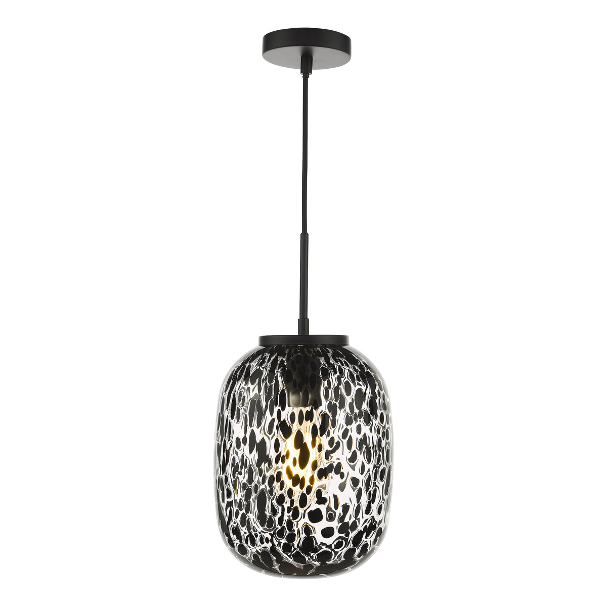Black and white speckled glass pendant light with a black cord and ceiling mount