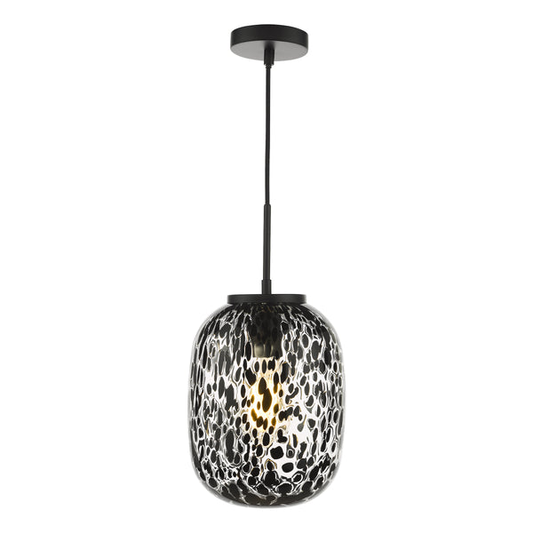 Black and white speckled glass pendant light with a black cord and ceiling mount