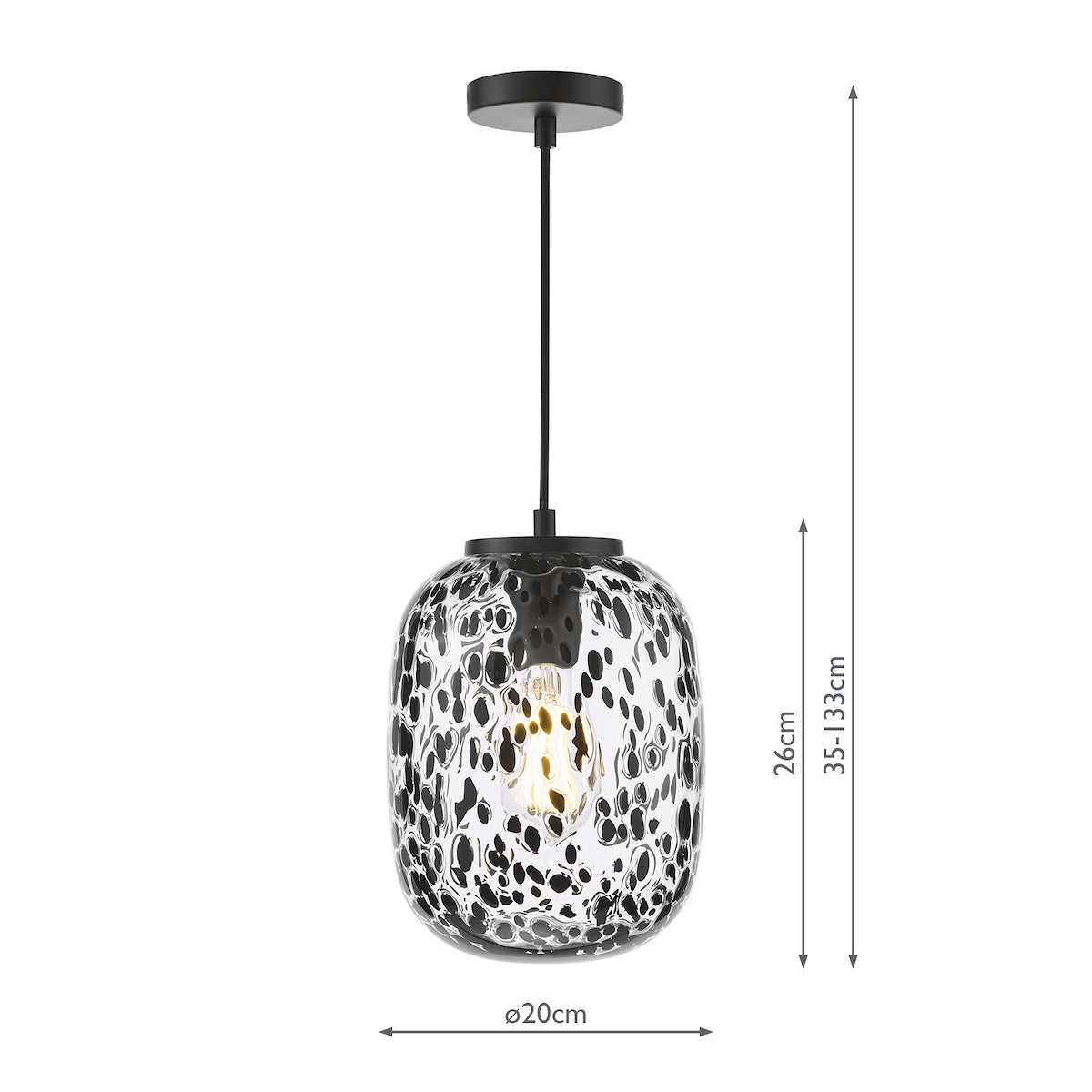 Black and white speckled glass pendant light with dimensions