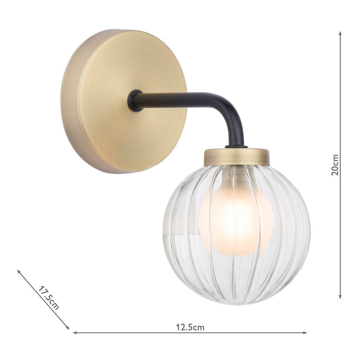 Brass wall light with a black curved arm and a ribbed glass globe shade, showing dimensions.