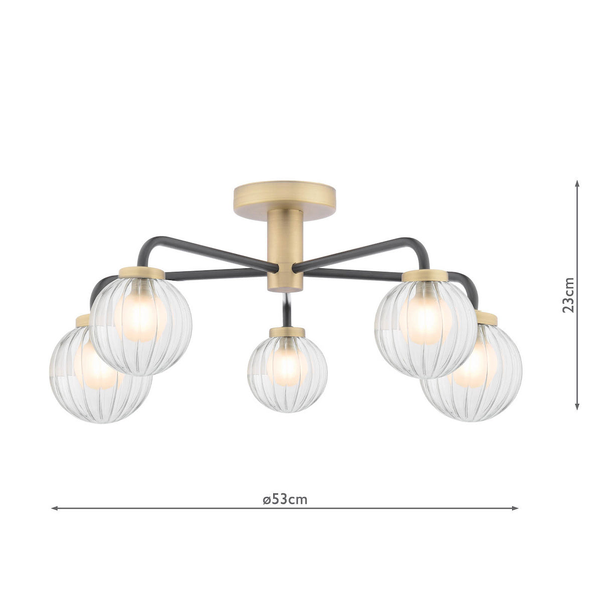Black and gold ceiling light with five ribbed glass globe shades, dimensions 23cm high, 53cm wide.
