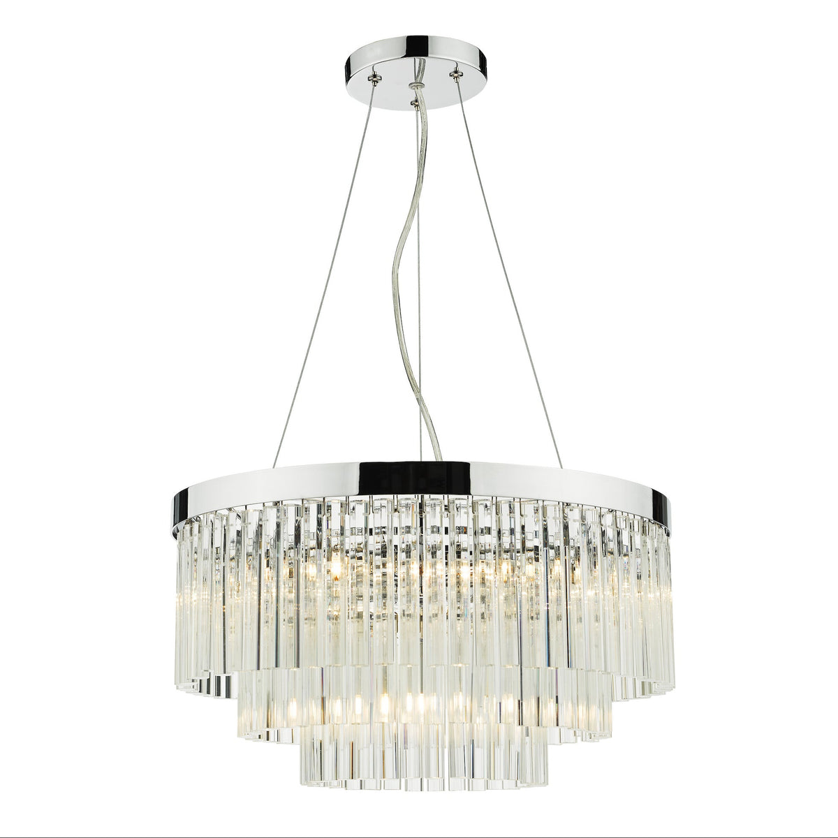 Chrome chandelier with three tiers of clear glass rods