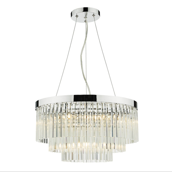 Chrome chandelier with three tiers of clear glass rods