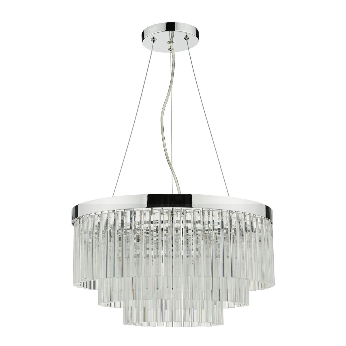 Chrome chandelier with three tiers of clear glass rods