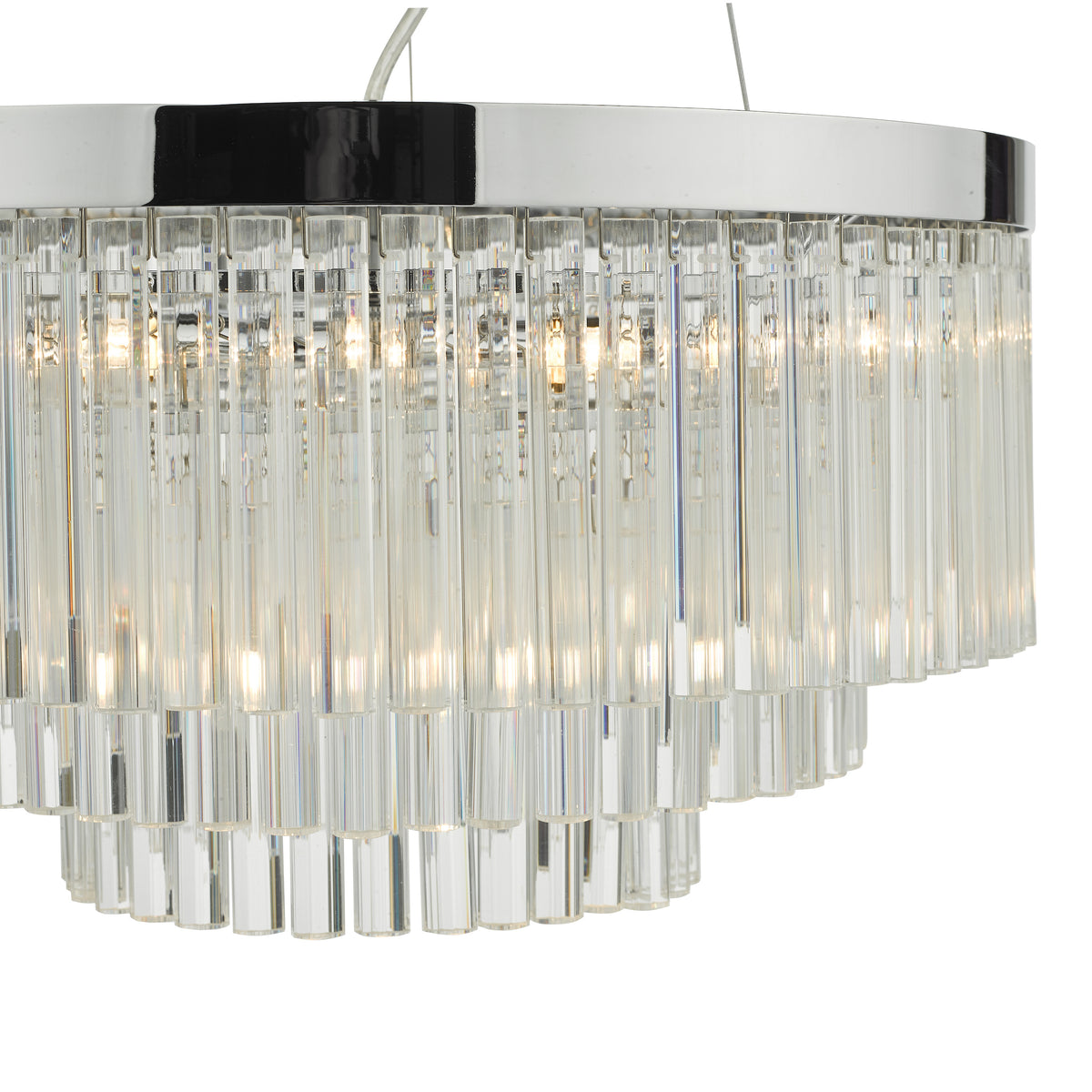 Close up of a chrome and glass chandelier with multiple illuminated bulbs