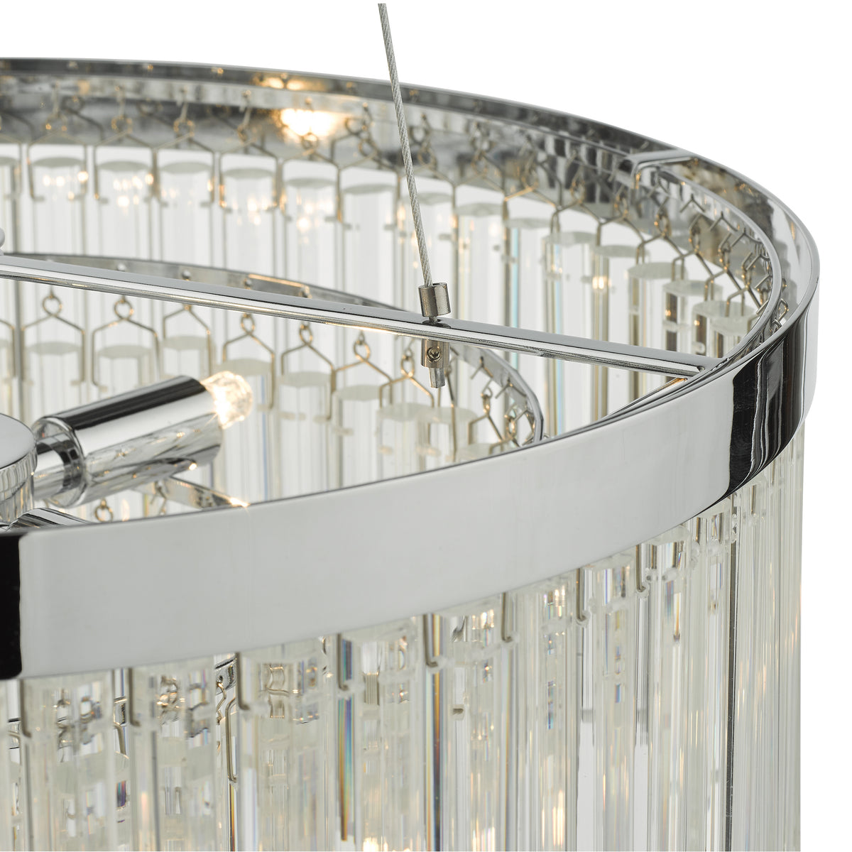 Close up of a round chandelier with a chrome frame and clear glass rods