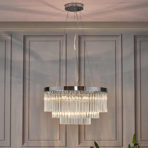 Tiered crystal chandelier with chrome frame
