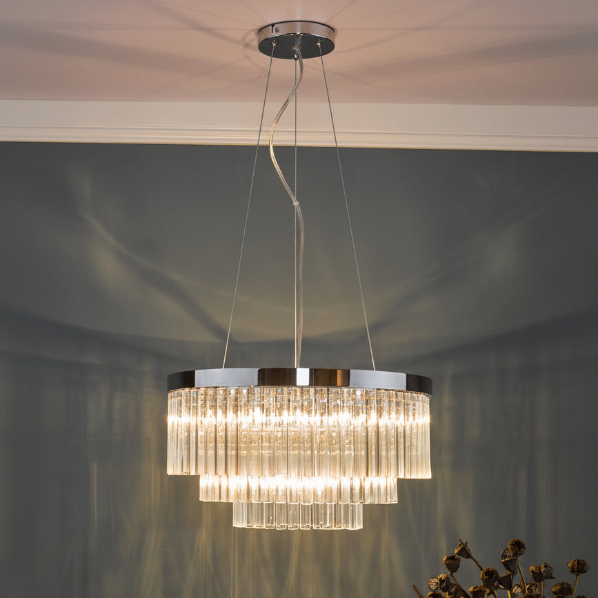 Tiered glass rod chandelier with chrome finish