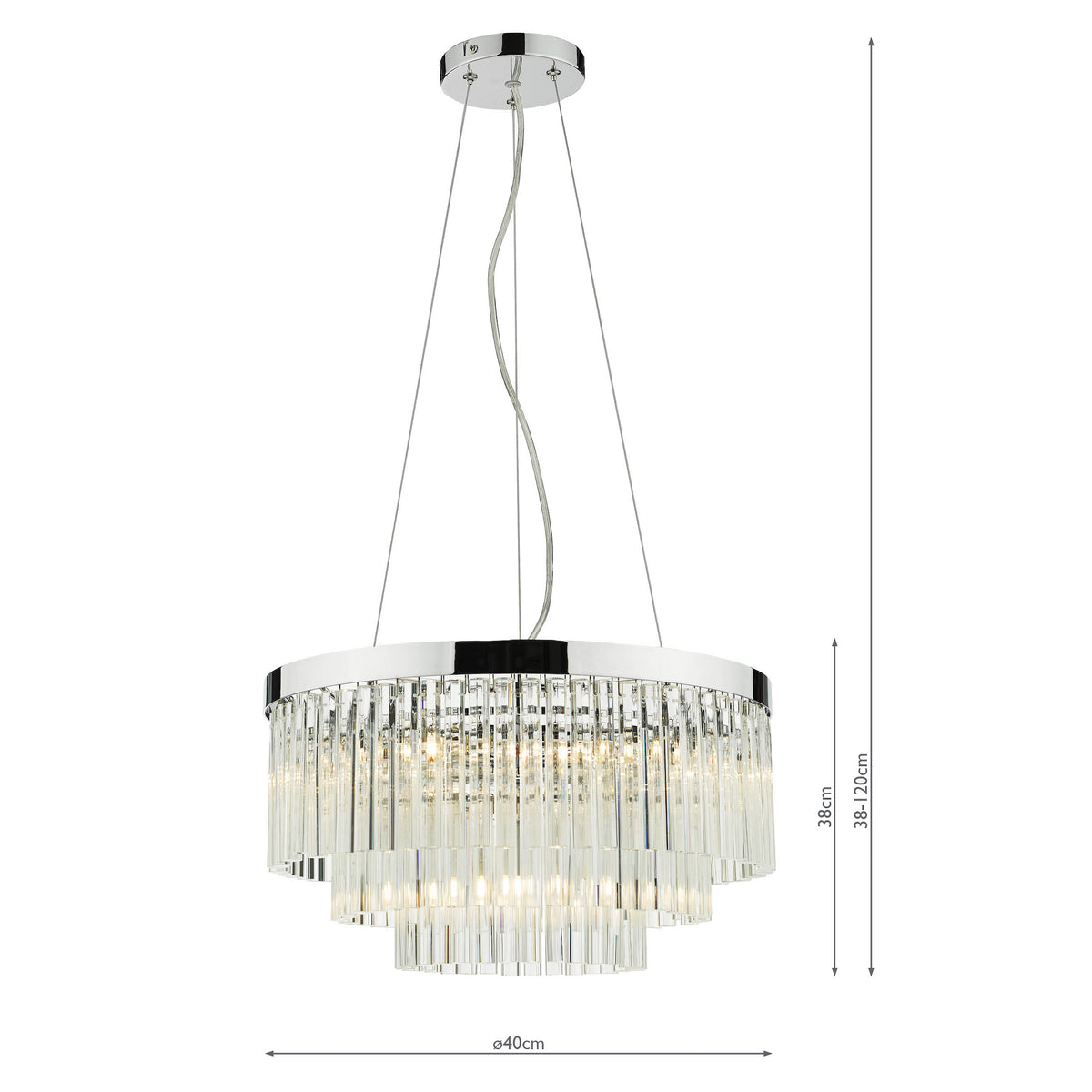 Chrome chandelier with tiered glass rods and exposed bulbs, showing dimensions of 40cm diameter and 38-120cm height