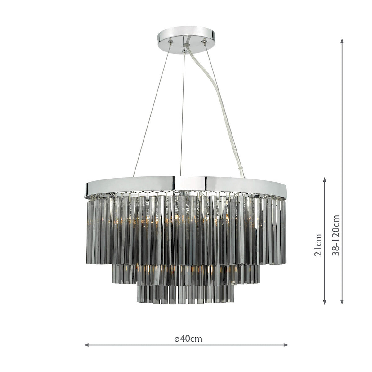 A tiered chandelier with chrome frame and smoked glass rods, showing dimensions of 40cm diameter and 38-120cm height.