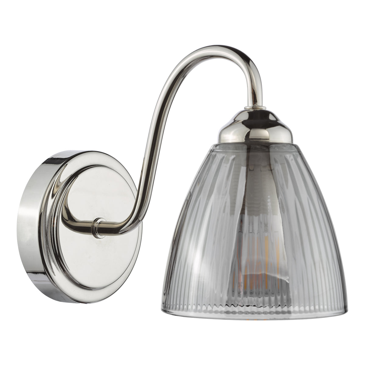 Polished nickel wall light with a curved arm and a fluted clear glass shade