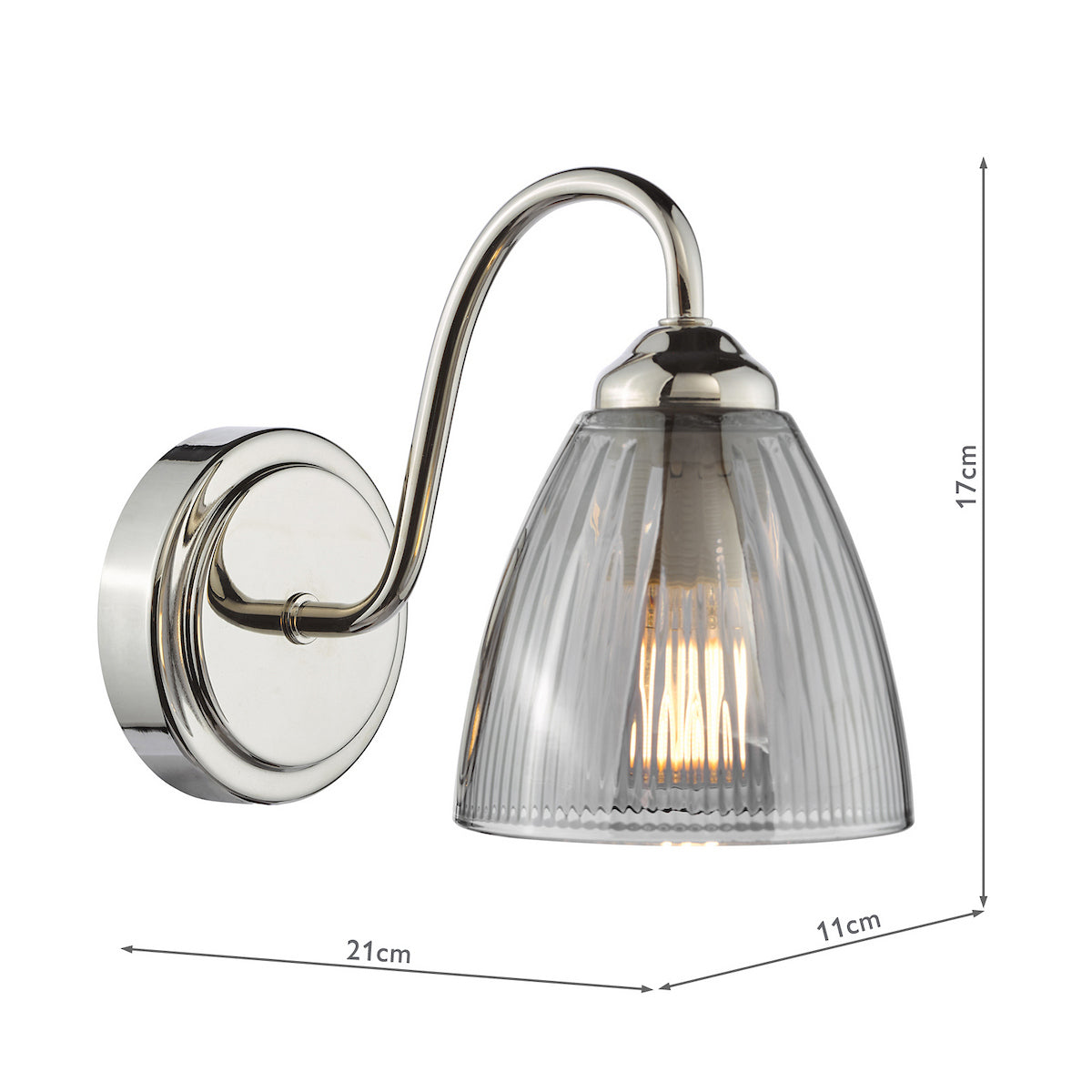 Polished chrome wall light with a ribbed glass shade and exposed filament bulb, with dimensions