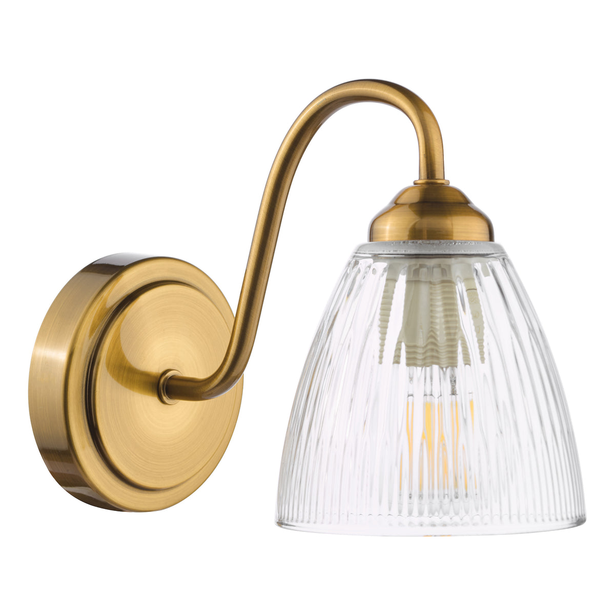 Brass wall light with a curved arm and a ribbed glass shade