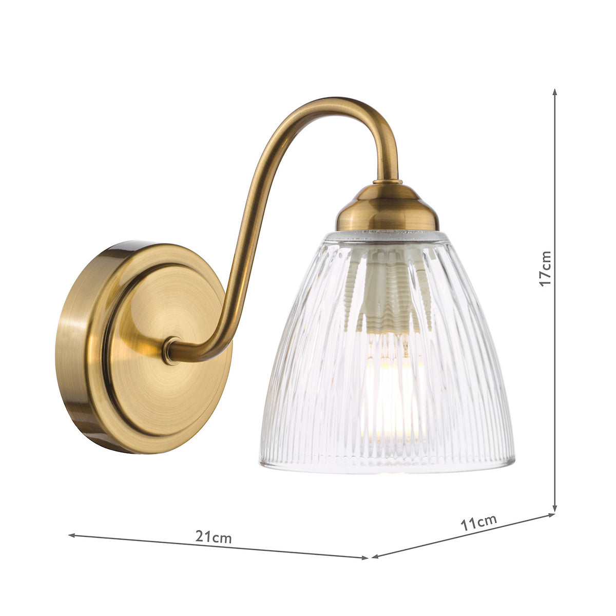 Brass wall light with a ribbed glass shade and visible measurements