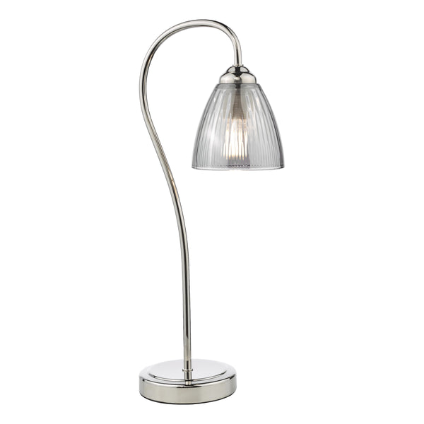 Chrome table lamp with a curved arm and a ribbed glass shade