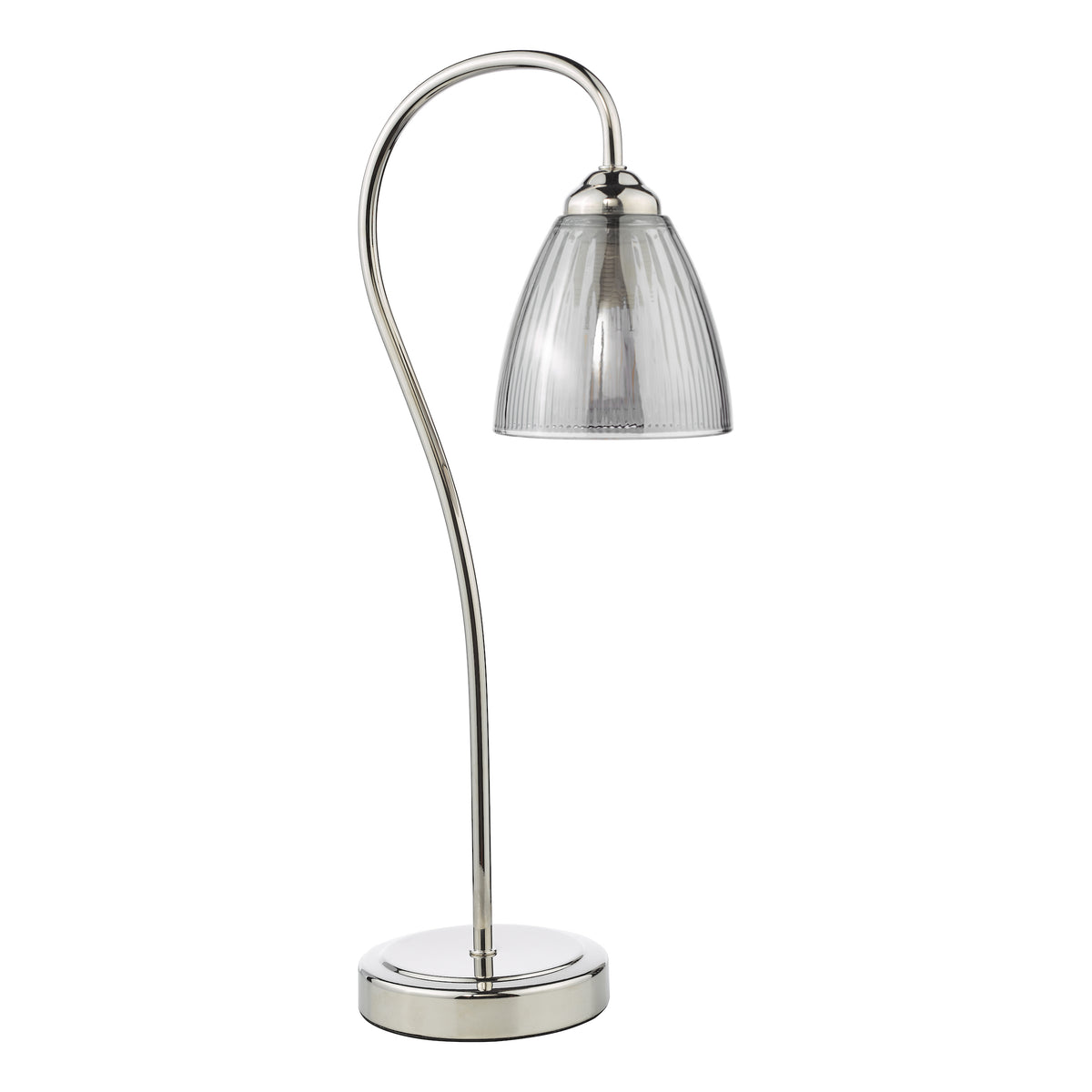Chrome table lamp with a curved arm and a fluted glass shade