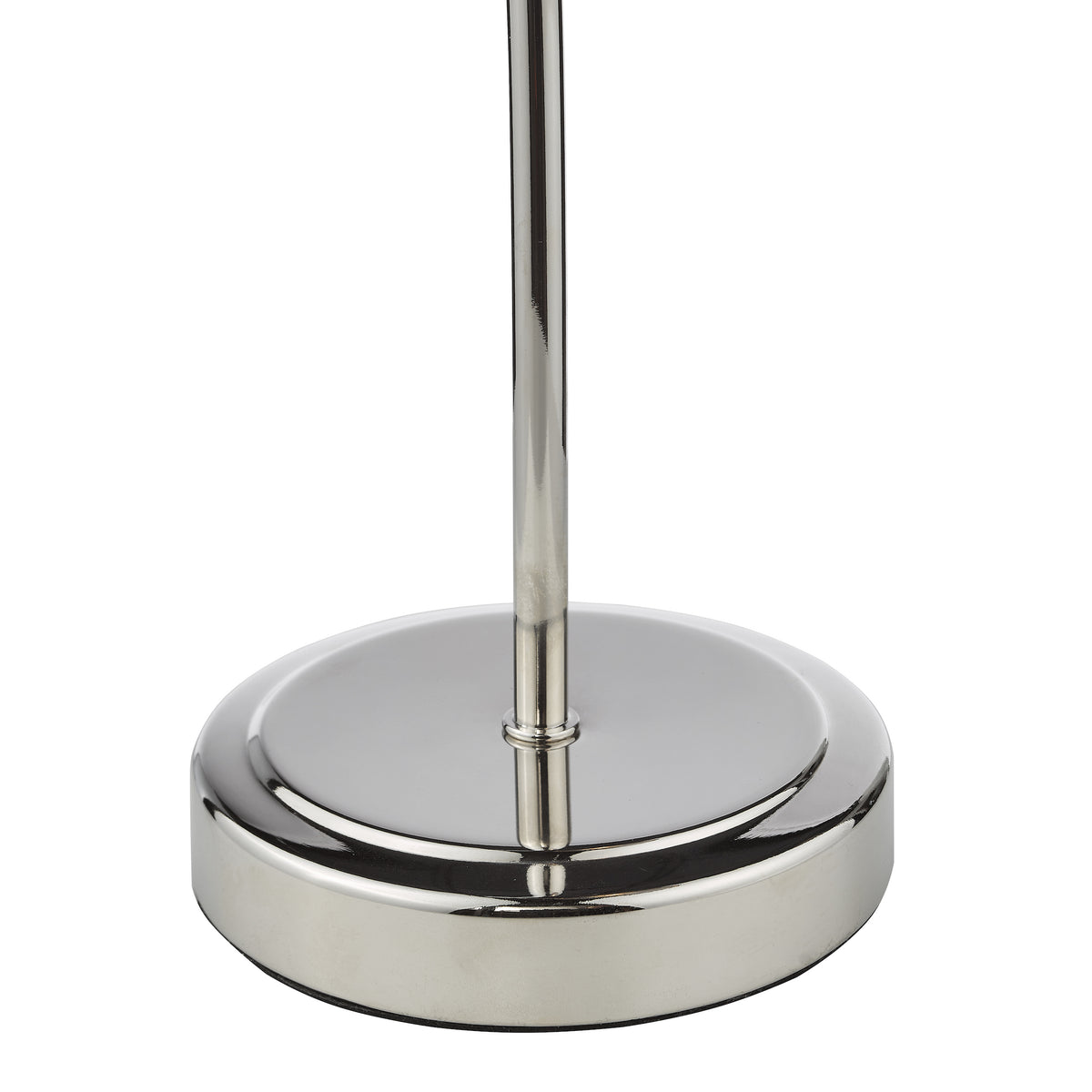Chrome lamp base with a round, flat bottom and a thin, vertical pole extending upwards
