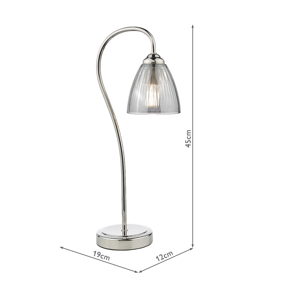 Chrome table lamp with curved arm and ribbed glass shade, dimensions 45cm high, 19cm wide, 12cm deep