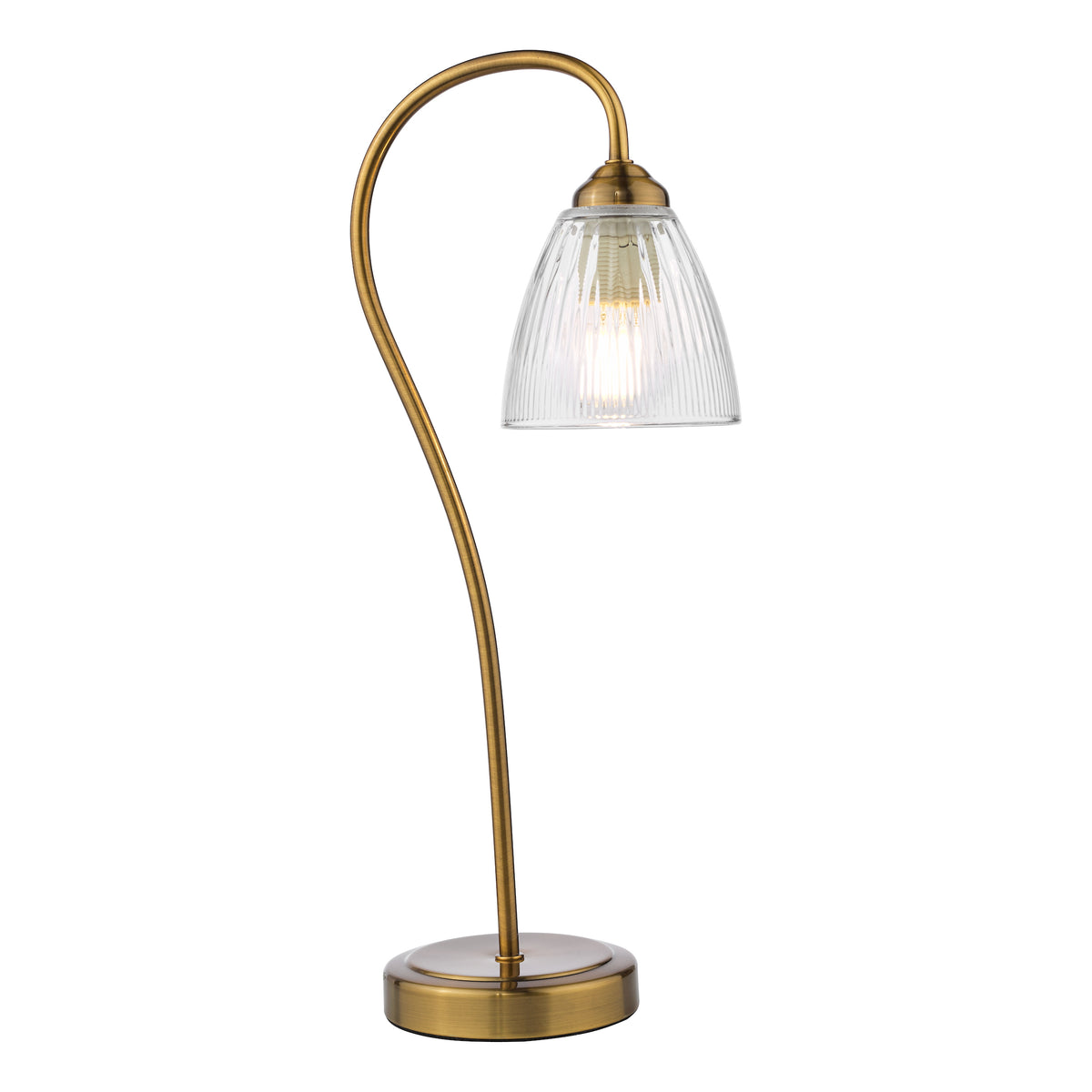 Antique brass table lamp with a curved stem and a clear fluted glass shade
