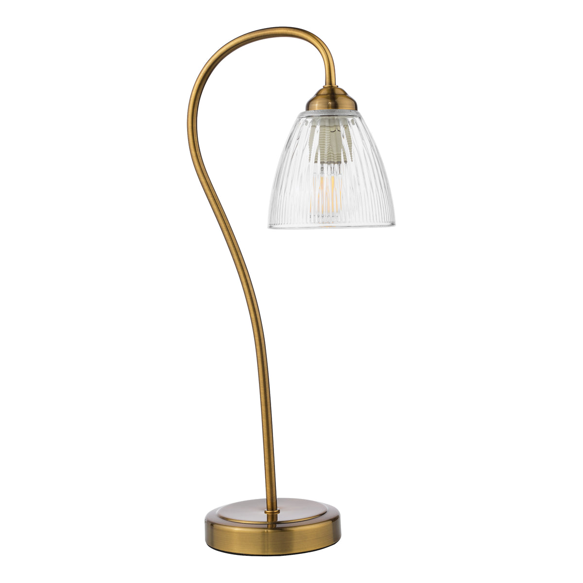 Brass table lamp with a curved stem and a fluted glass shade