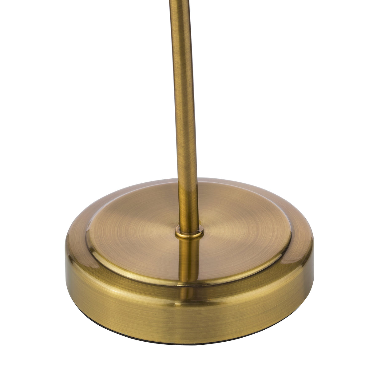 Brushed brass lamp base with a round, flat bottom and a slender pole extending upwards