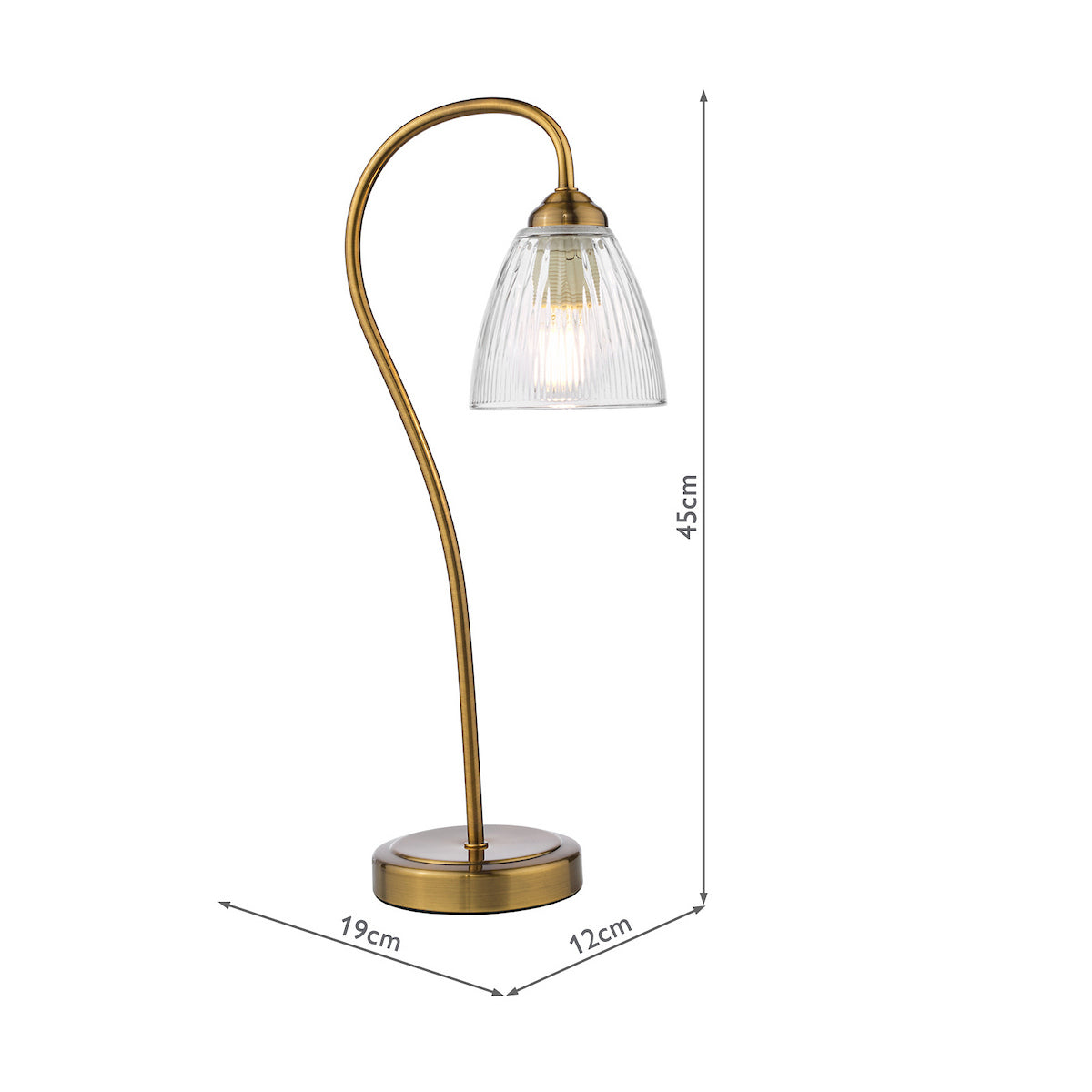 Antique brass table lamp with a curved stem and a ribbed glass shade, dimensions 45cm H x 19cm W x 12cm D