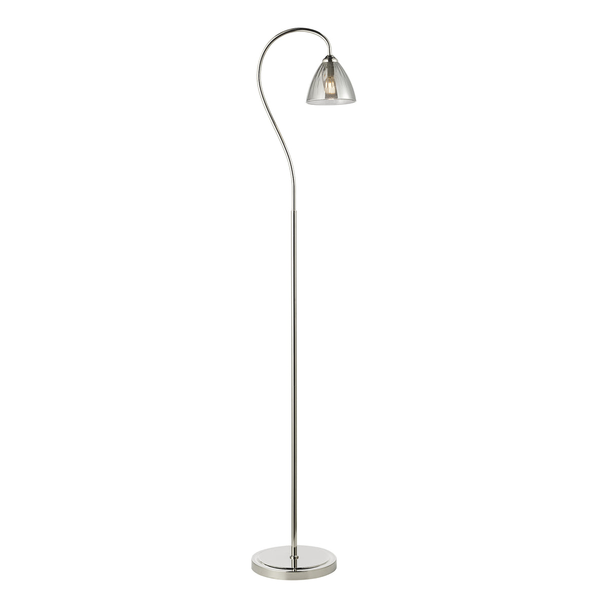 Chrome floor lamp with a curved arm and a clear ribbed glass shade