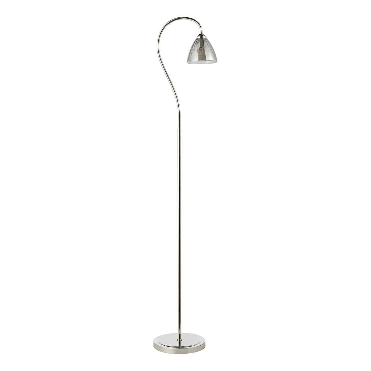 Chrome floor lamp with a curved arm and a clear ribbed glass shade